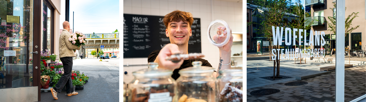 Kollage av tre bilder, bild på en man har köpt blommor, bild på en man som jobbar i café ger en kaka, bild genom fönstret in i caféet.