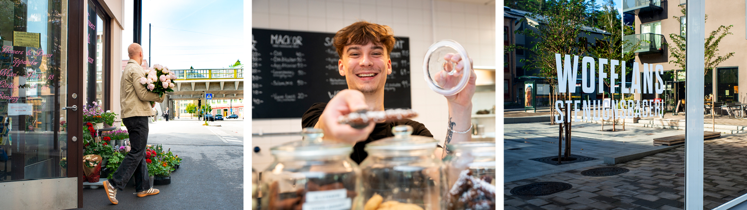 Kollage av tre bilder, bild på en man har köpt blommor, bild på en man som jobbar i café ger en kaka, bild genom fönstret in i caféet.