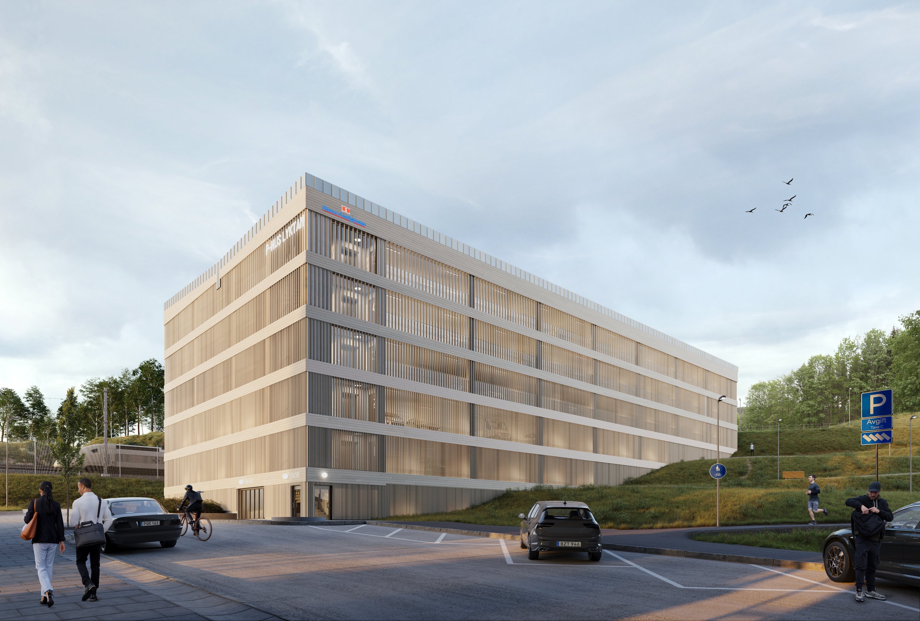 Visionsbild över parkeringshus som ligger mellan en grönt gångstråk och pendeltågsspår. 