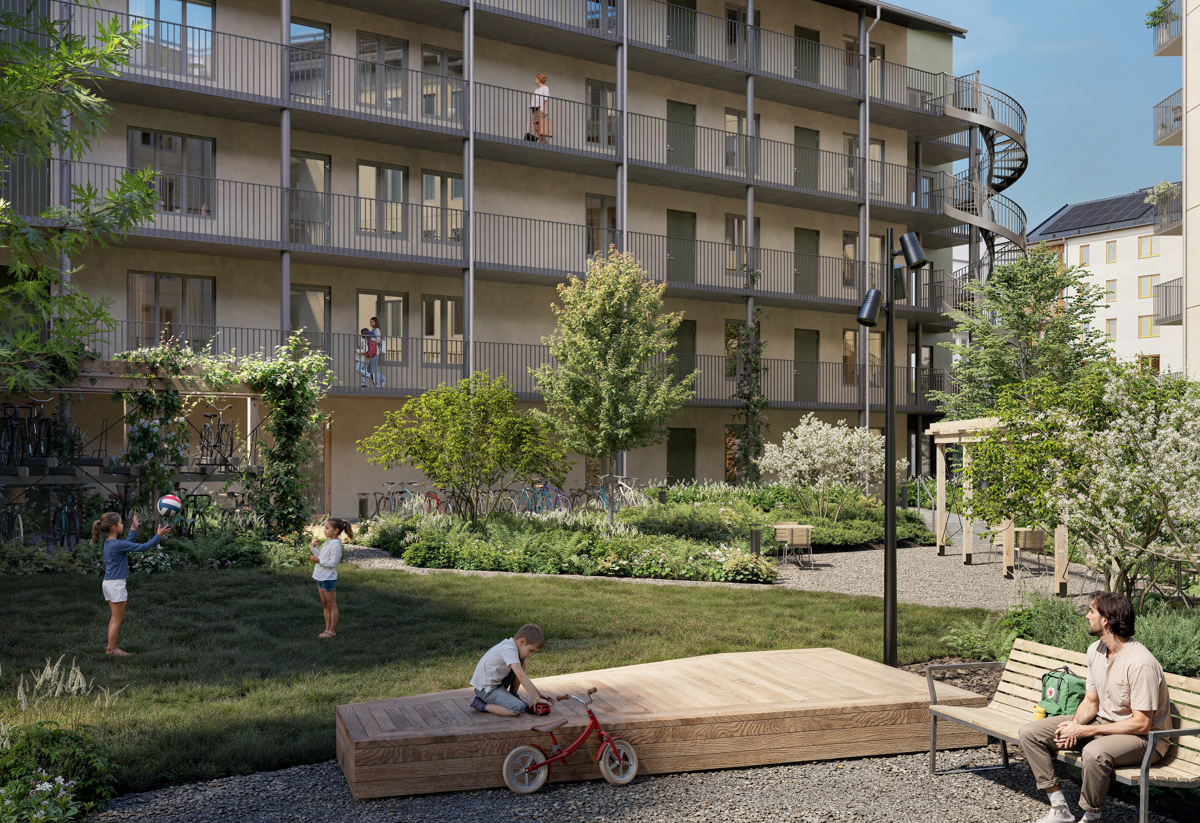 Visionsbild på gården för Mira i Vega med fokus på grönytorna