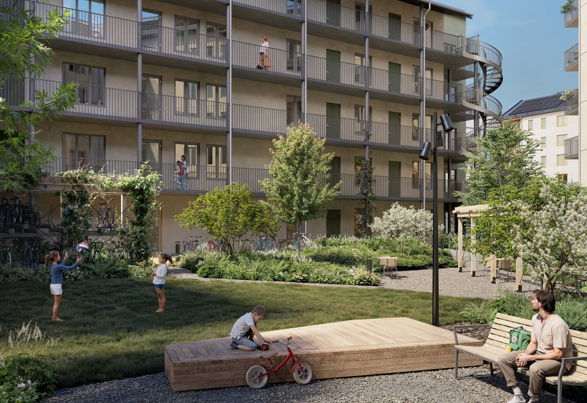 Visionsbild på gården för Mira i Vega med fokus på grönytorna