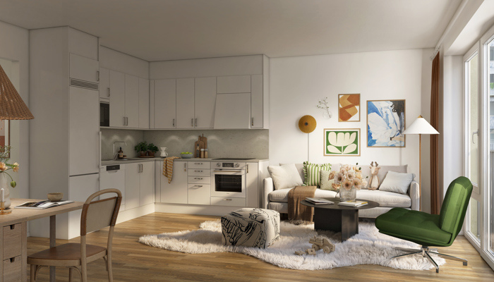 Visionsbild på kök och vardagsrum i Mira