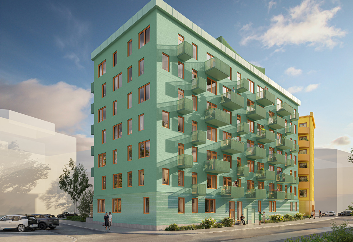 Visionsbild på nyproduktionsprojektet Stella i Vega från gatan
