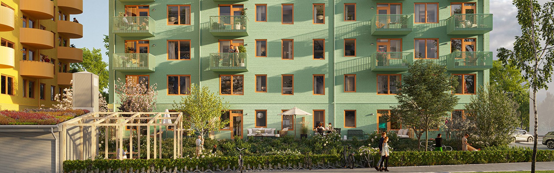 Visionsbild på nyproduktionsprojektet Stella i Vega från gården