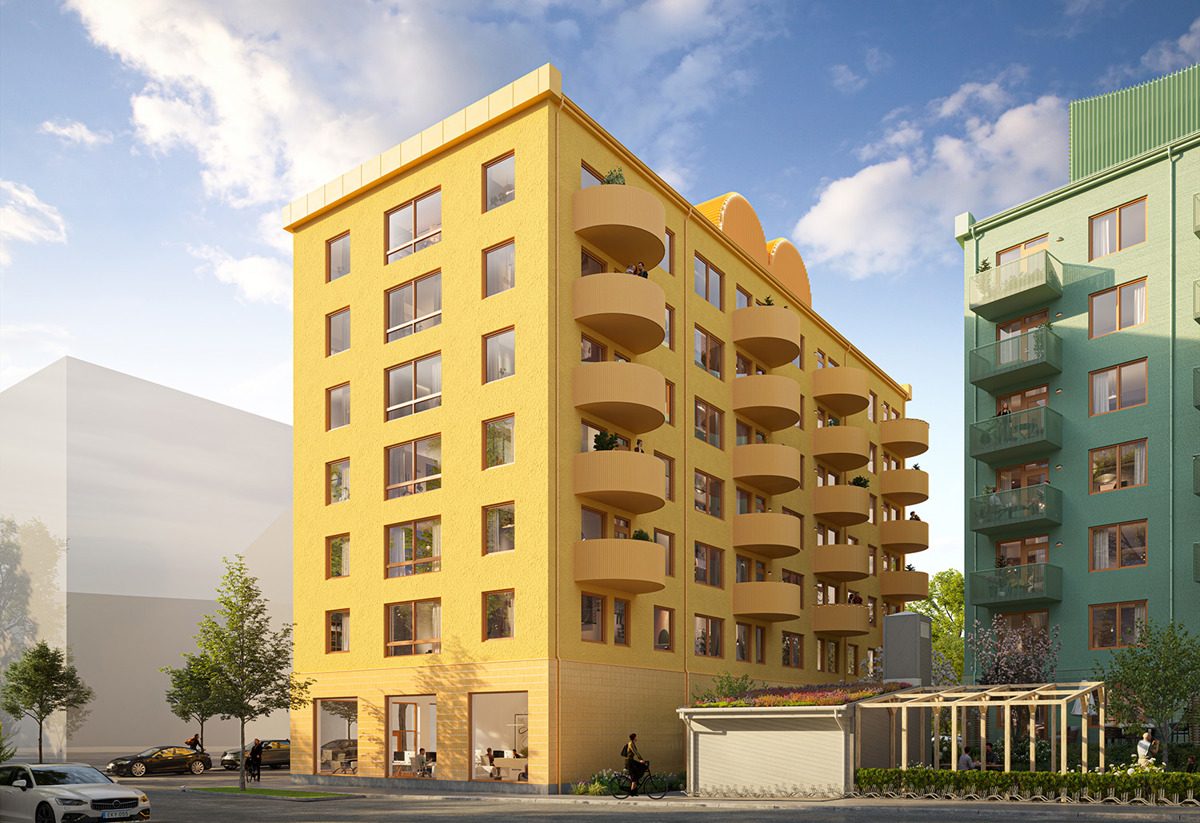 Visionsbild på nyproduktionsprojektet Stella i Vega från gatan