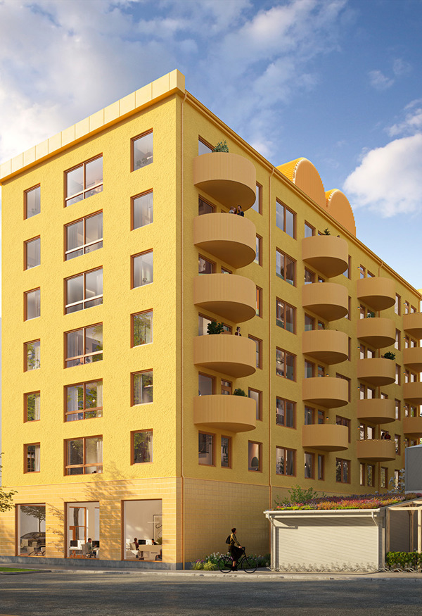 Visionsbild på nyproduktionsprojektet Stella i Vega från gatan