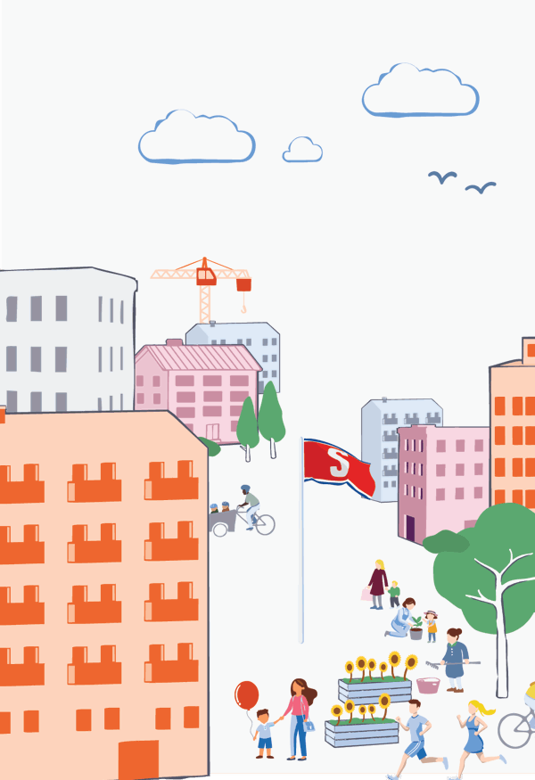 Illustration av ett levande bostadsområde med flerbostadshus, byggkran, Stena-flagga, träd och människor som cyklar, promenerar, springer och deltar i aktiviteter bland blomlådor med solrosor.