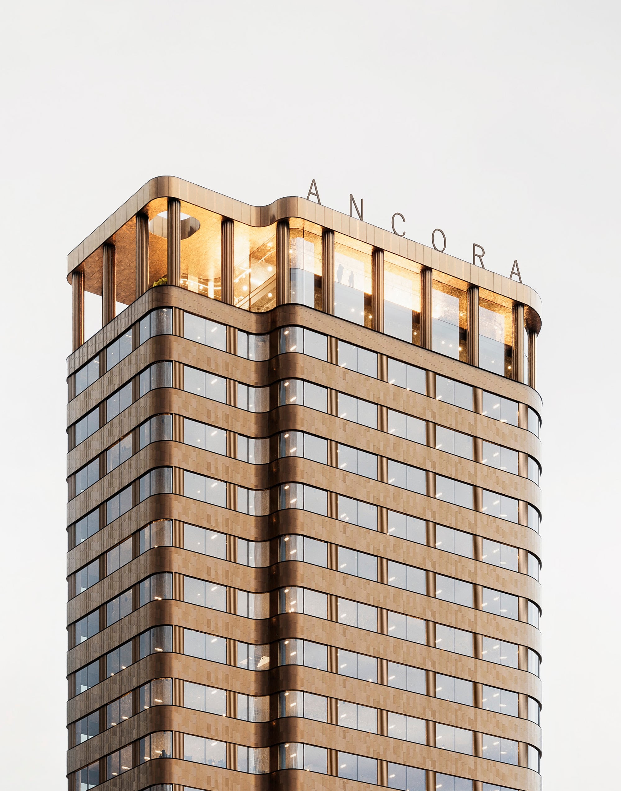 Fasad på ANCORA vid Masthuggskajen i Göteborg, med moderna kontorslokaler, träinspirerad arkitektur och skylt på taket.